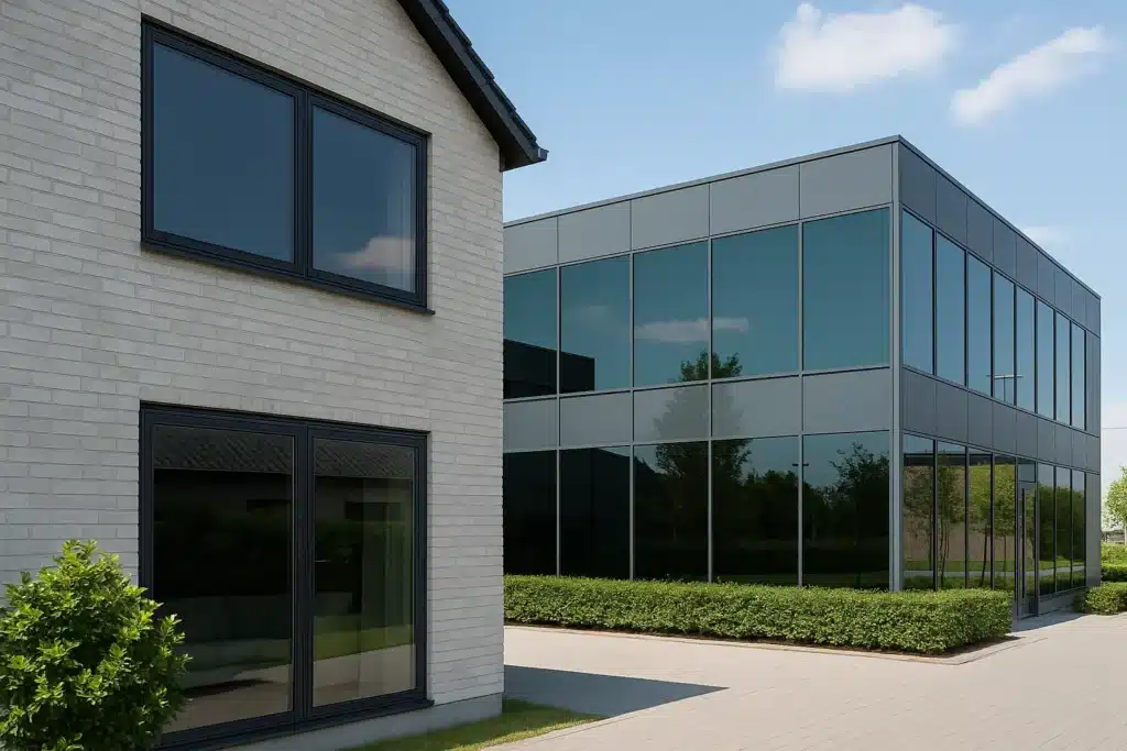 Erhvervsbygning i Himmerland med store glaspartier og solfilm fra Sign Service, der reducerer varme og UV-stråling og forbedrer komfort og energieffektivitet