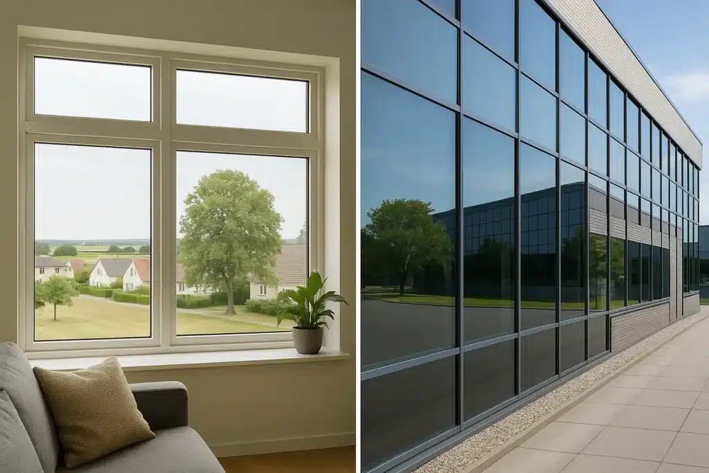 Solfilm i privat bolig og erhvervsbygning i Skive – effektiv løsning mod varme, blænding og UV-stråler med 3M solfilm installeret indendørs og udendørs