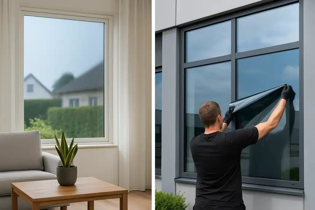 Solfilm i Viborg – montering på kontorbygning og installation i privat hjem, der viser effektiv varmebeskyttelse og øget komfort med 3M solfilm fra Sign Service