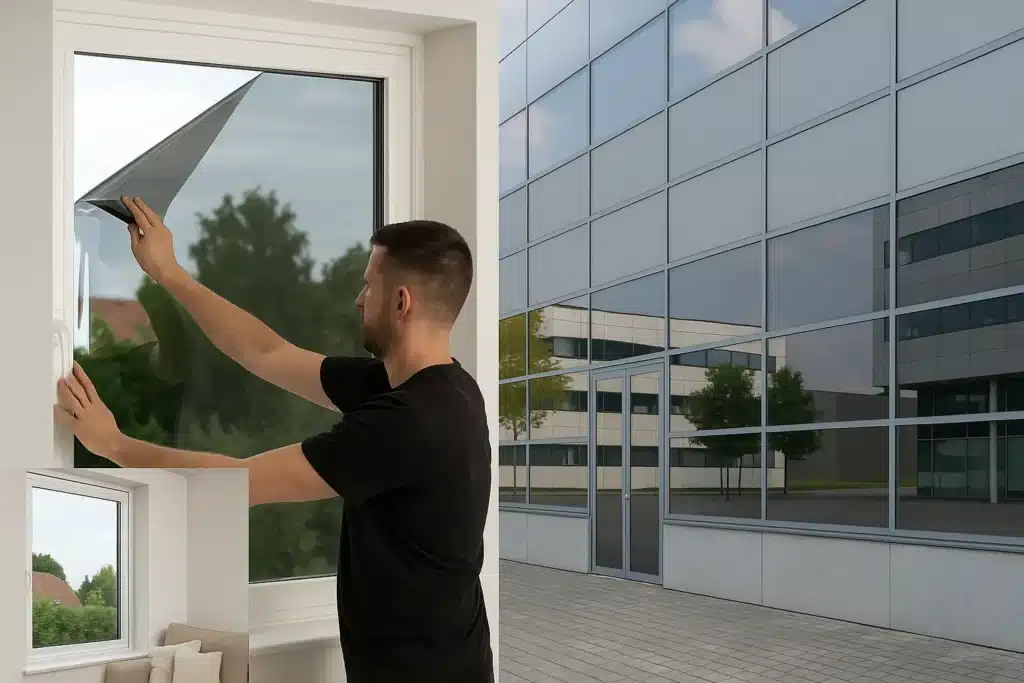 Solfilm i Aalborg – professionel montering i privat hjem og moderne kontorbygning med fokus på varmebeskyttelse, UV-afvisning og æstetisk vinduesløsning.