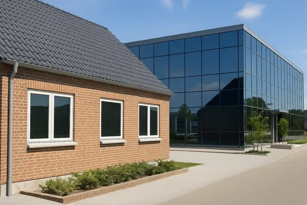 Solfilm i Fredericia – bolig og erhvervsbygning med reflekterende solfilm, der sikrer et behageligt og energieffektivt indeklima året rundt.